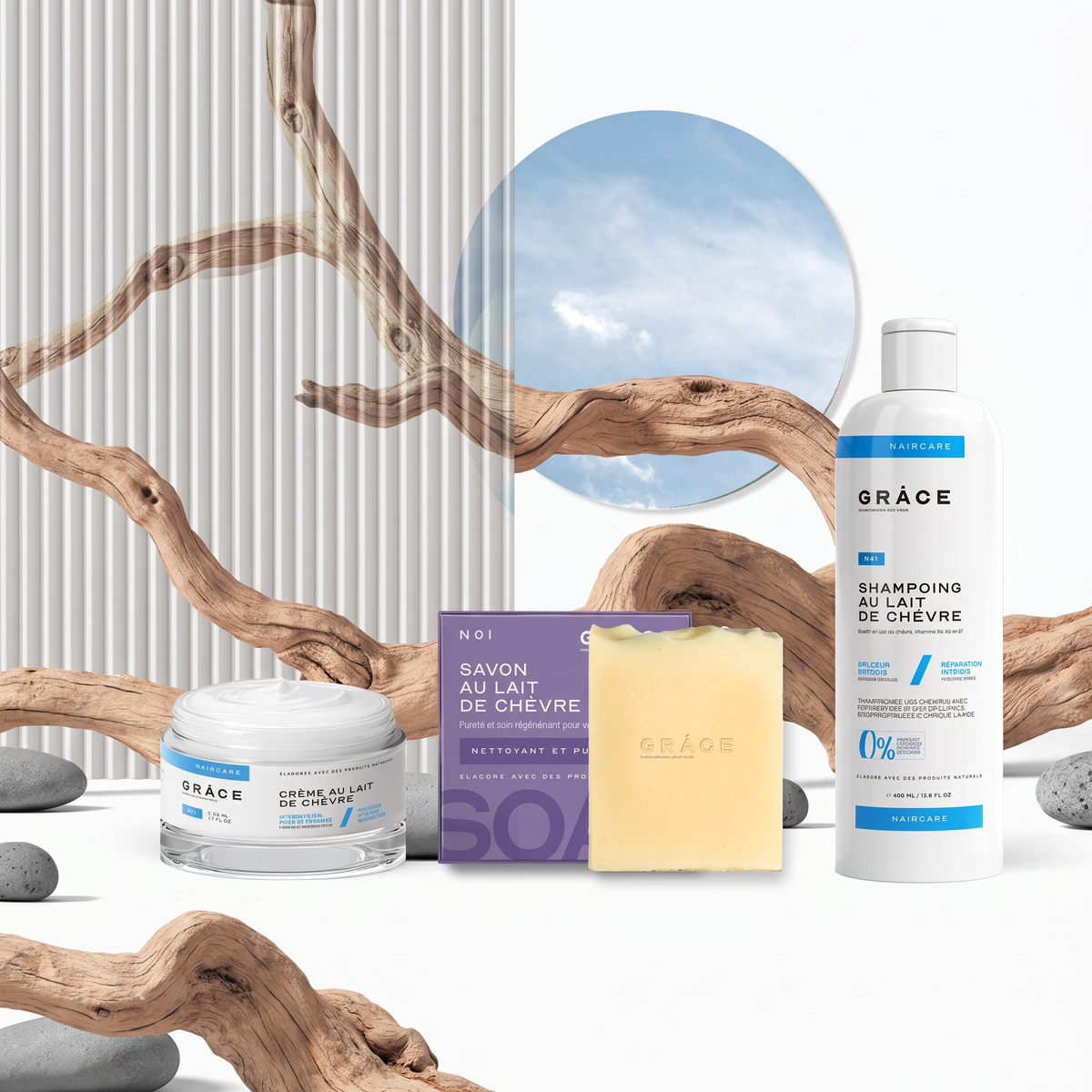 Trio soin visage et cheveux au lait de chèvre : savon, crème et shampoing