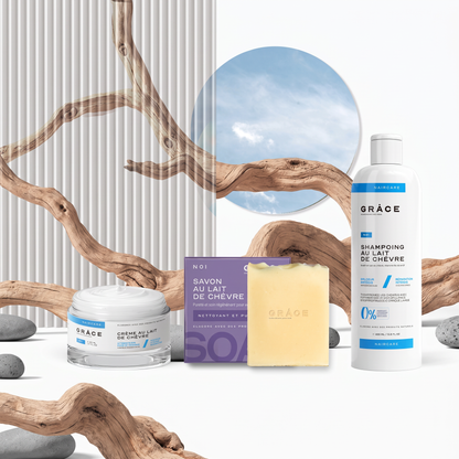 Trio soin visage et cheveux au lait de chèvre : savon, crème et shampoing