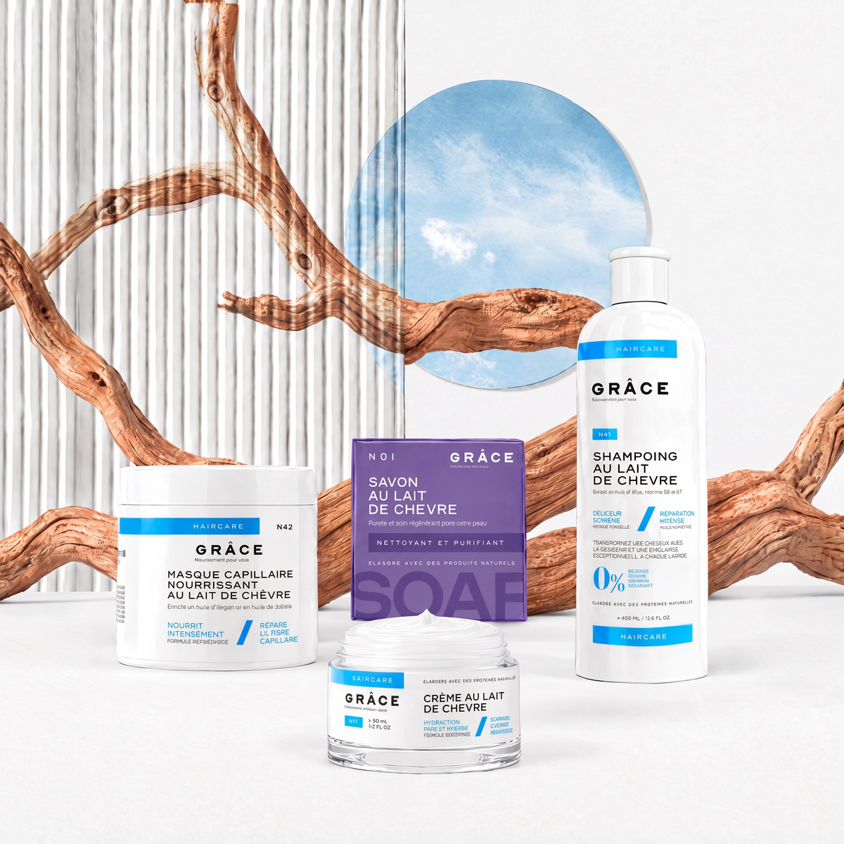 Routine complète au lait de chèvre : savon, crème, shampoing et masque GRÂCE Care